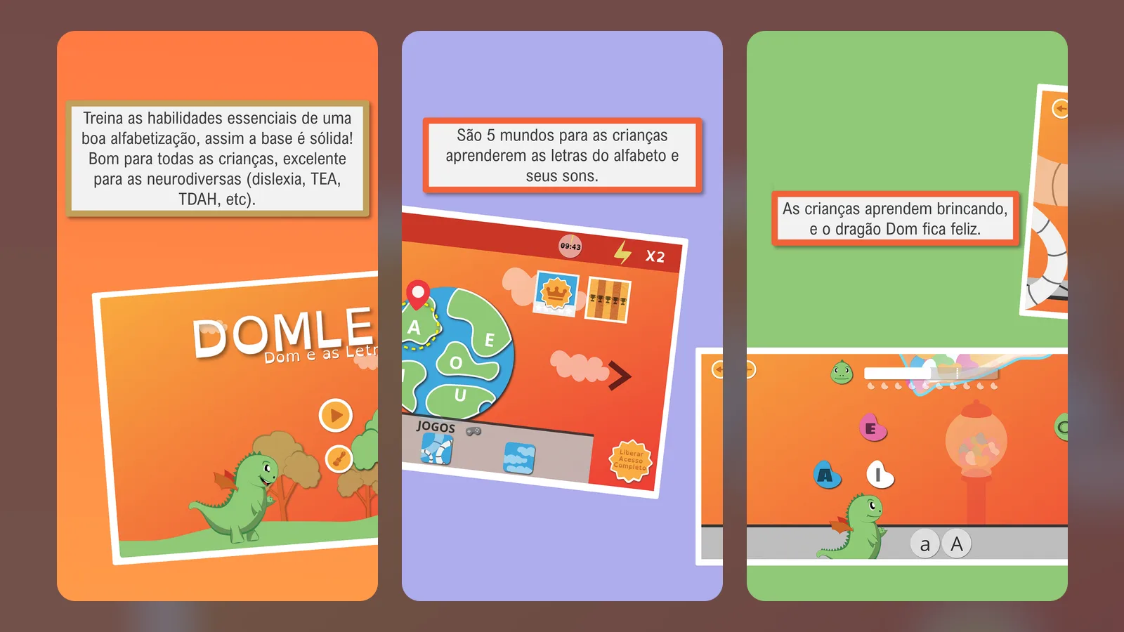 Three Domlexia marketing screens in Portuguese describing the phonics approach, the five worlds of letters and sounds, and a level where letters are collected.