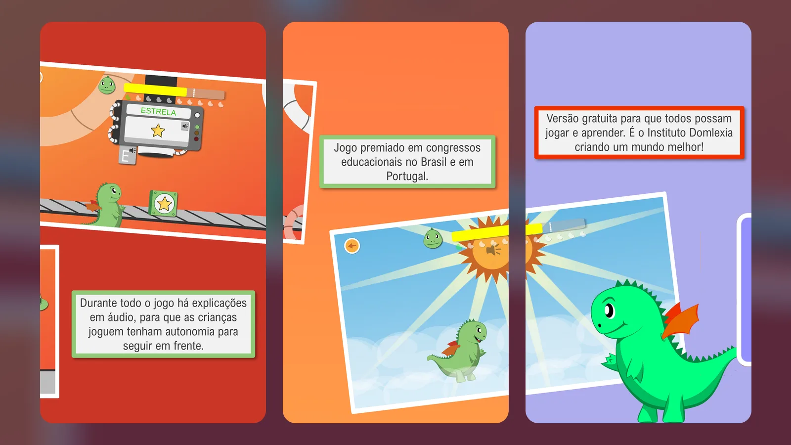 Three Domlexia marketing screens in Portuguese: a level with a star reward, a note that the whole game is narrated aloud so children can play independently, and Dom the dragon under a sun.