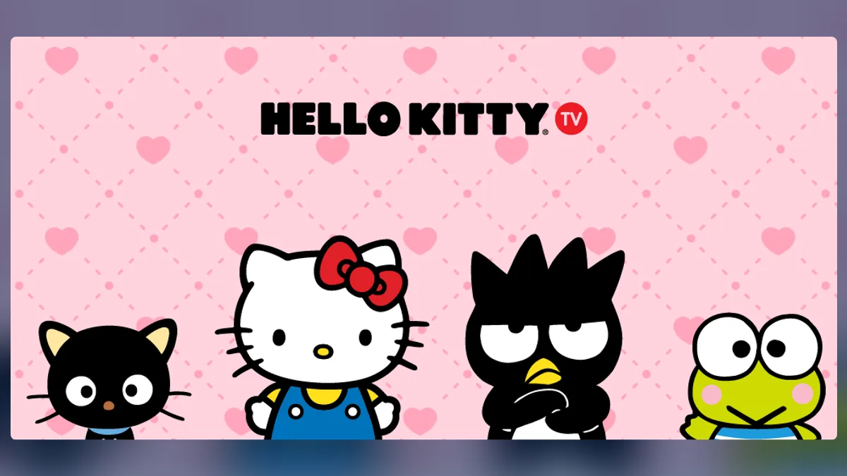 Hello Kitty TV key art: Hello Kitty with Chococat, Badtz-Maru and Keroppi on a pink heart-patterned background, under the Hello Kitty TV logo.