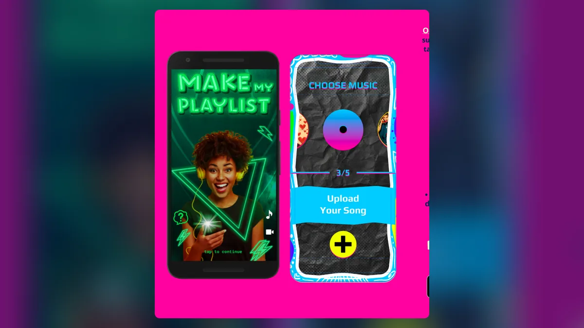 Two Oooh app screens on a pink background: a Make My Playlist card and a Choose Music screen with an upload button.
