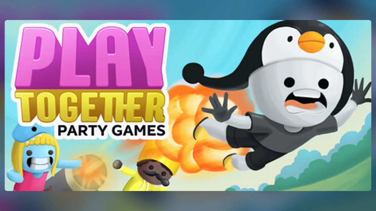 Play Together: Party Games key art: a penguin character bursting forward past the game's logo.
