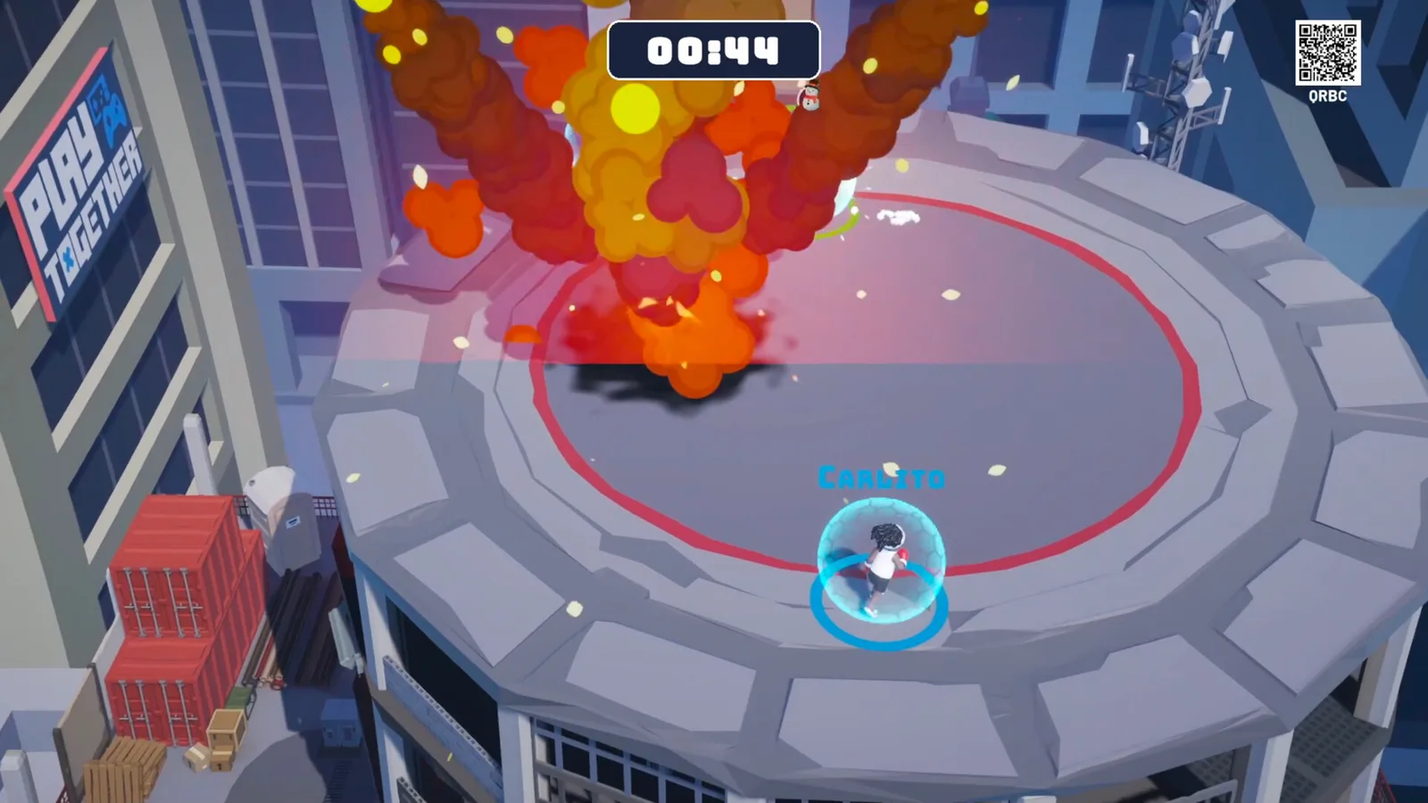 A Play Together arena mini-game mid-explosion, with a countdown timer and a surviving player avatar.
