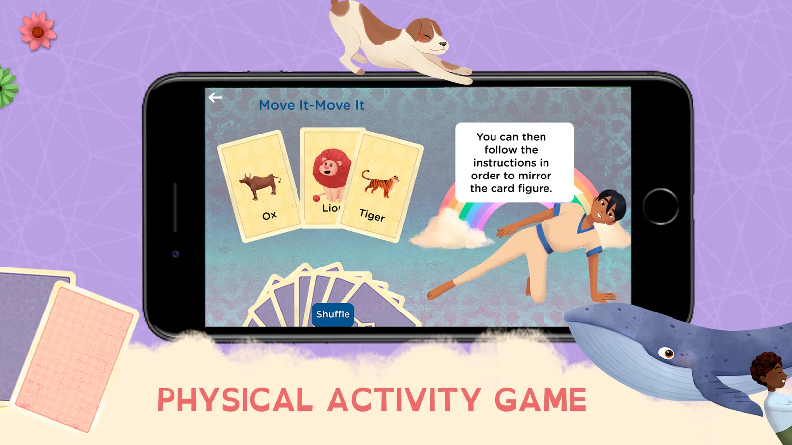 A phone showing the Move It Move It activity with movement cards and a child copying a pose, captioned Physical activity game.