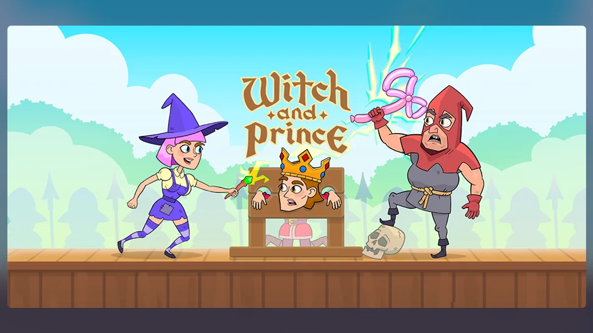 Witch and Prince key art: the witch Aria runs forward with her wand raised while a hooded executioner stands over the prince, who is locked in a pillory, under the game's hand-lettered logo.