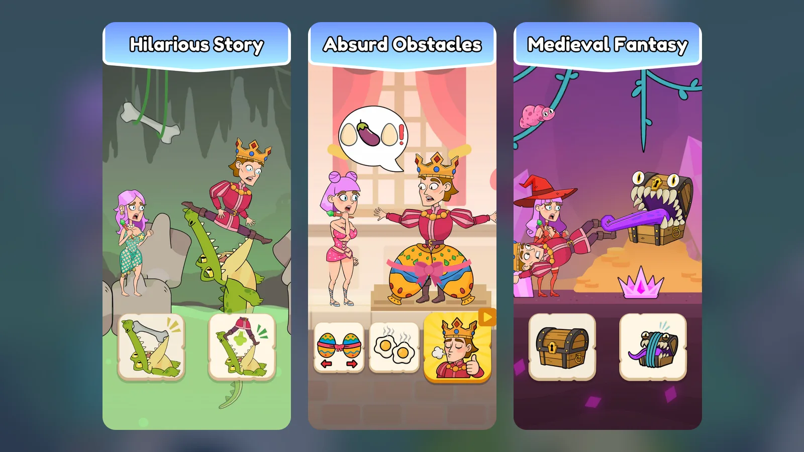 Three Witch and Prince phone screens side by side: a swamp scene where the prince rides a crocodile, a market scene with the prince in a jester costume, and a dungeon where a treasure chest bites down on the prince.