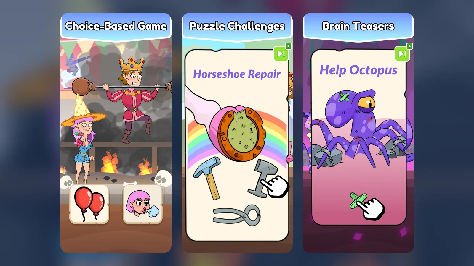 Three Witch and Prince phone screens side by side: the prince lifting a barbell over a fire pit, a Horseshoe Repair puzzle with hammer and pliers to choose from, and a Help Octopus puzzle with a bandage being dragged onto a hurt octopus.